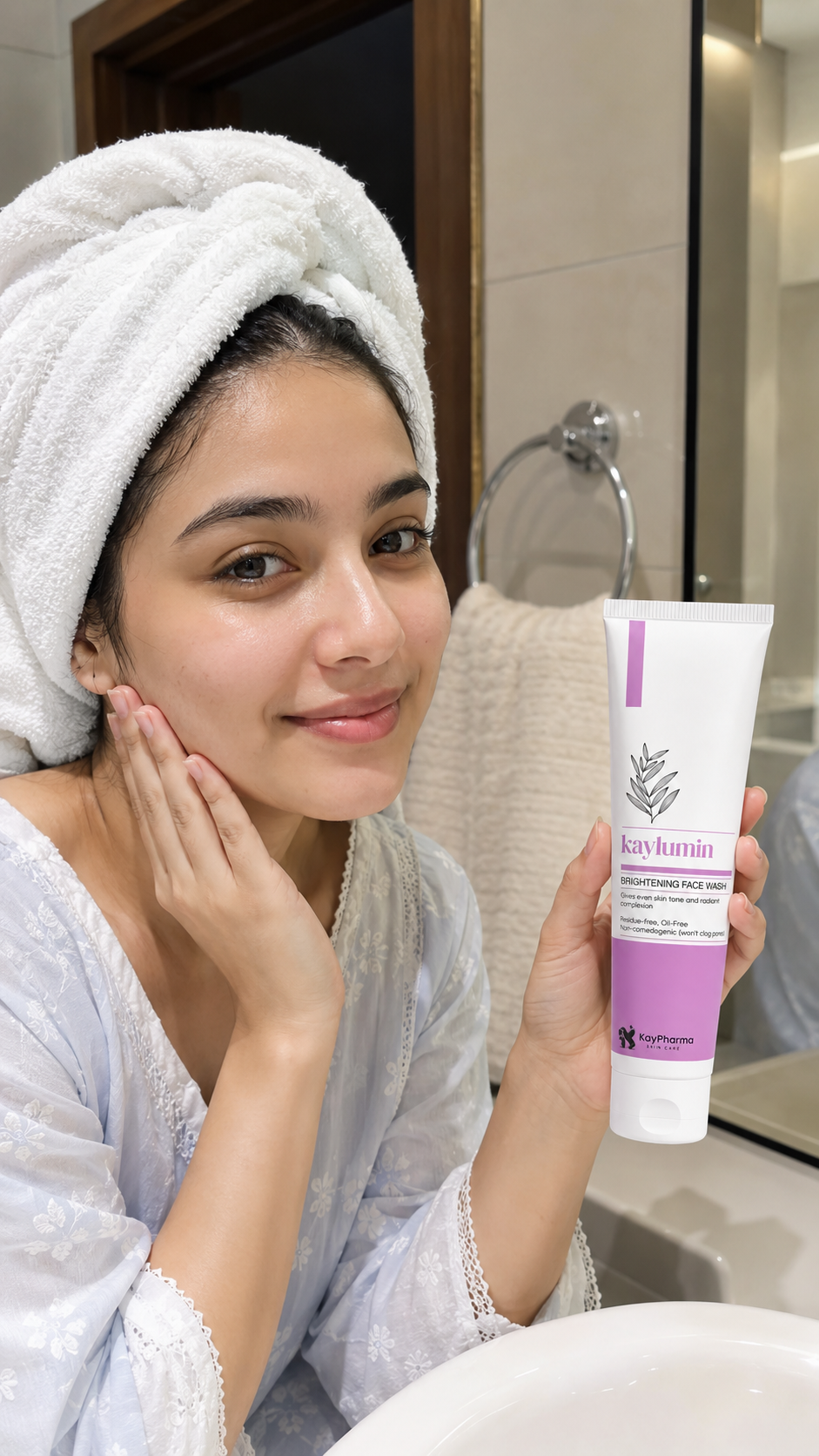 KayPharma skincare application in bathroom